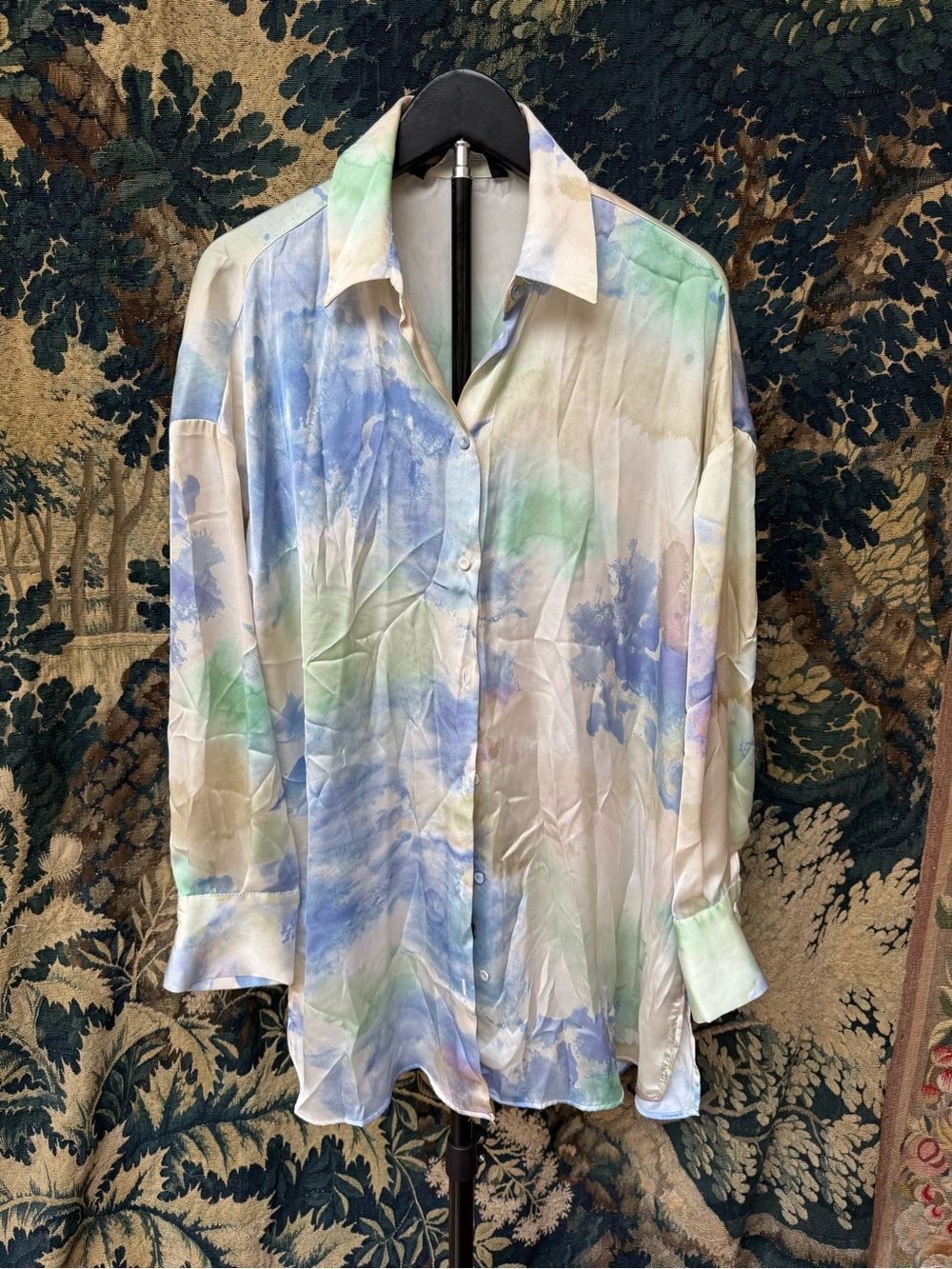 Zara Pastel Watercolor Button-Down Shirt in Blue, Green & Cream